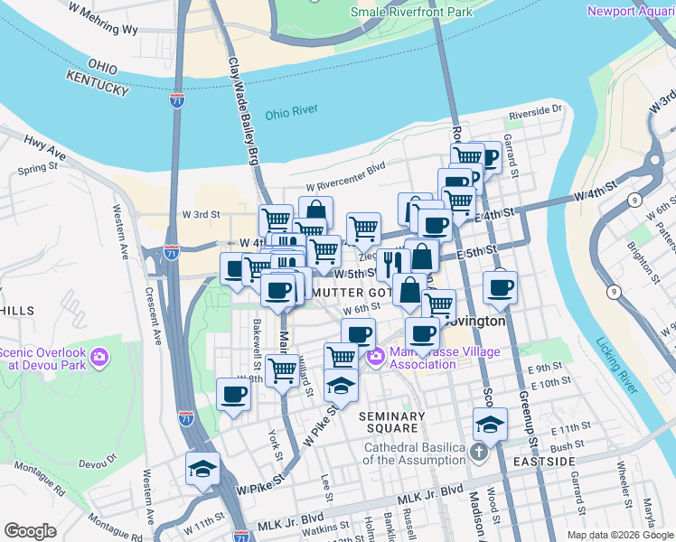 map of restaurants, bars, coffee shops, grocery stores, and more near 214 West 5th Street in Covington