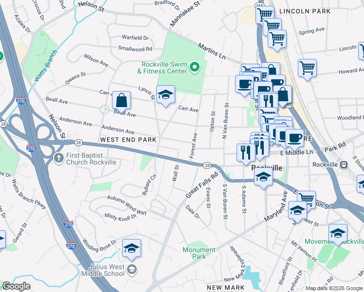 map of restaurants, bars, coffee shops, grocery stores, and more near 304 Anderson Avenue in Rockville