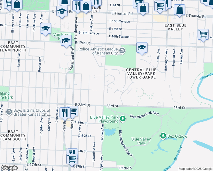 map of restaurants, bars, coffee shops, grocery stores, and more near 5871 East 21st Street in Kansas City