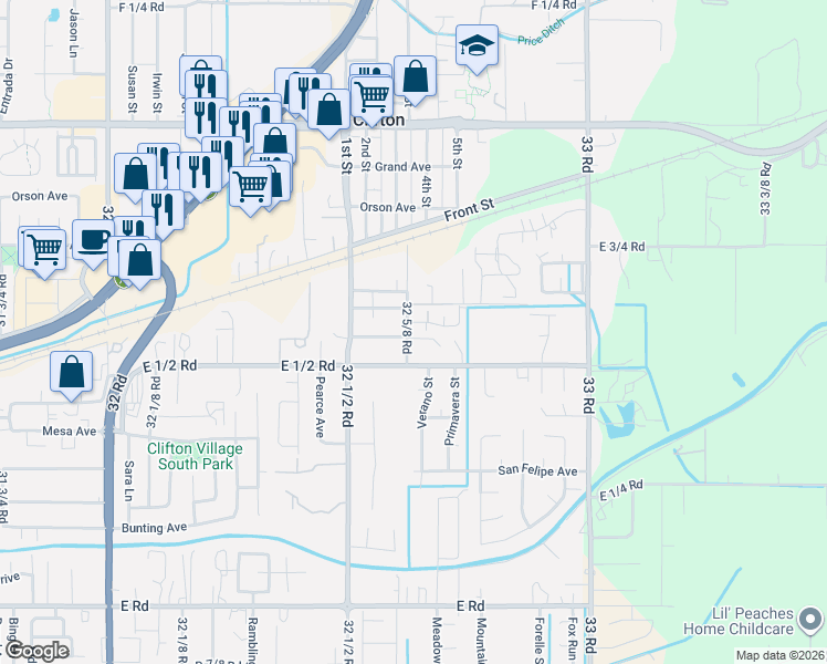 map of restaurants, bars, coffee shops, grocery stores, and more near 556 32 5/8 Road in Clifton