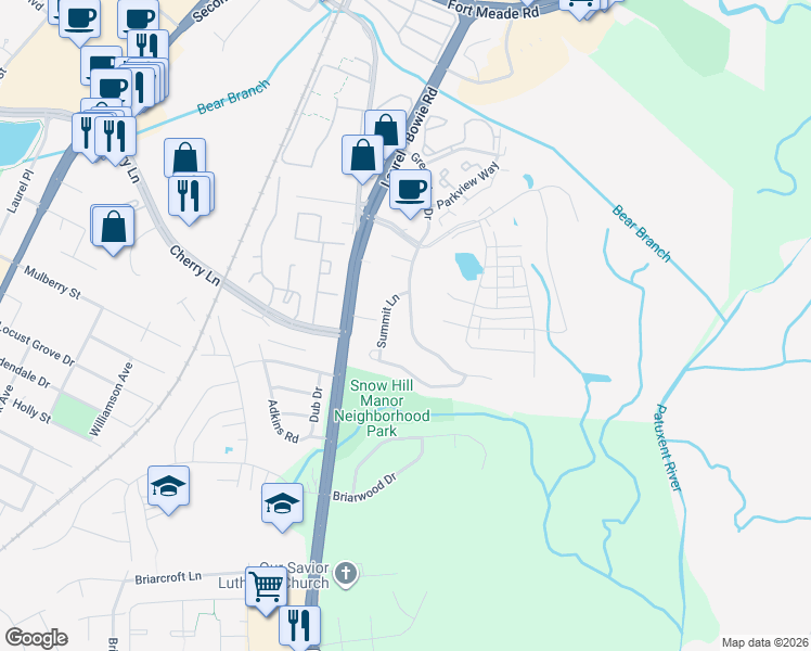 map of restaurants, bars, coffee shops, grocery stores, and more near 14232 Greenview Drive in Laurel