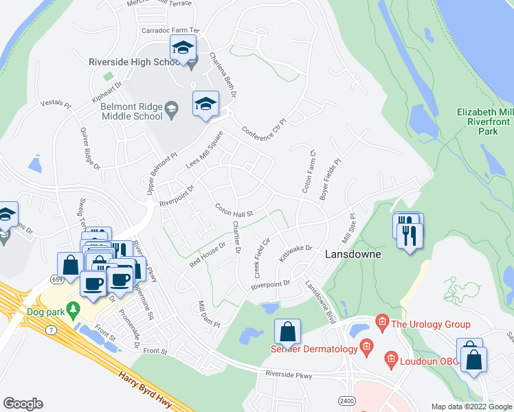 map of restaurants, bars, coffee shops, grocery stores, and more near 19218 Coton Hall Street in Leesburg