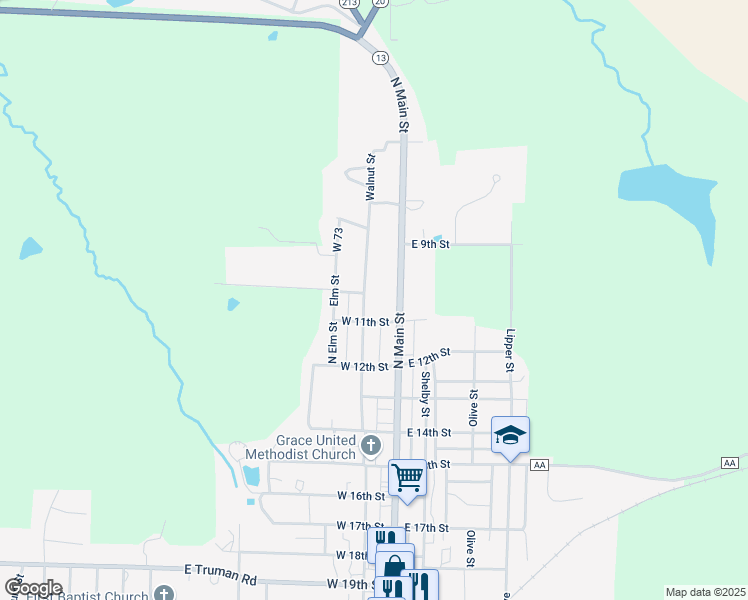 map of restaurants, bars, coffee shops, grocery stores, and more near 1000 Walnut Street in Higginsville