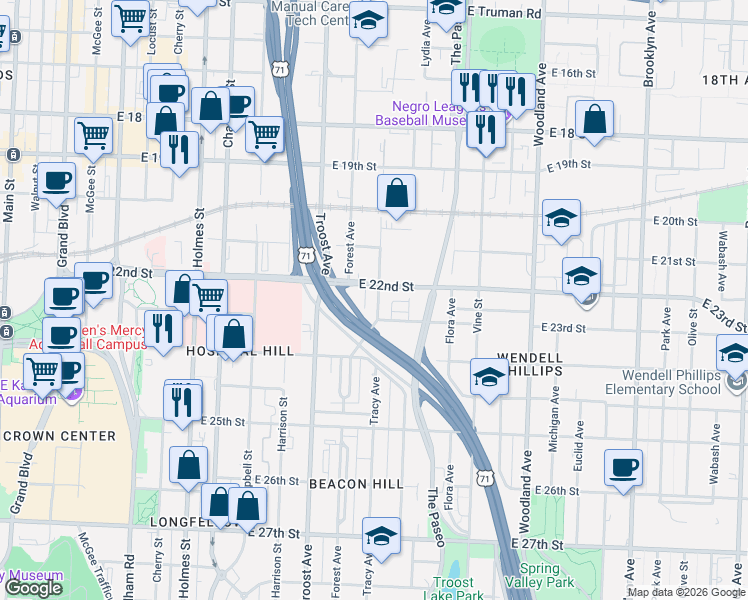 map of restaurants, bars, coffee shops, grocery stores, and more near 2215 Tracy Avenue in Kansas City