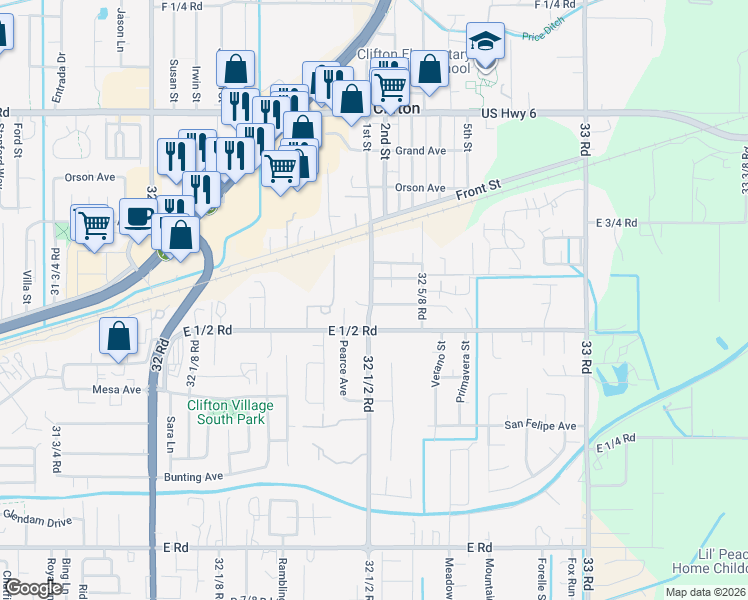 map of restaurants, bars, coffee shops, grocery stores, and more near 554 32 1/2 Road in Clifton