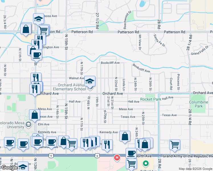 map of restaurants, bars, coffee shops, grocery stores, and more near 1959 North 21st Street in Grand Junction