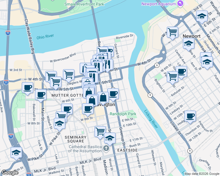 map of restaurants, bars, coffee shops, grocery stores, and more near 526 Greenup Street in Covington