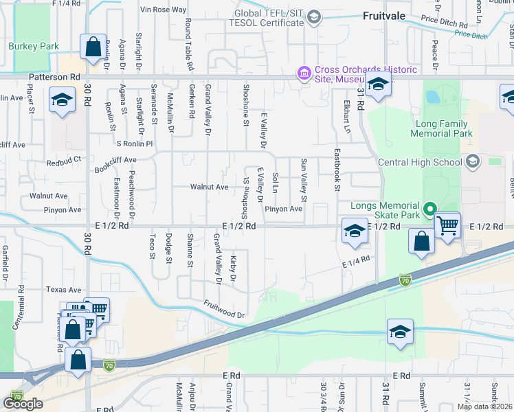 map of restaurants, bars, coffee shops, grocery stores, and more near 555 East Valley Drive in Grand Junction