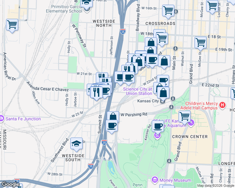 map of restaurants, bars, coffee shops, grocery stores, and more near 601 Avenida Cesar E Chavez in Kansas City