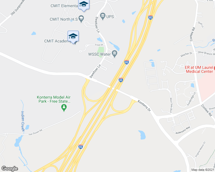 map of restaurants, bars, coffee shops, grocery stores, and more near Van Dusen Road in Laurel