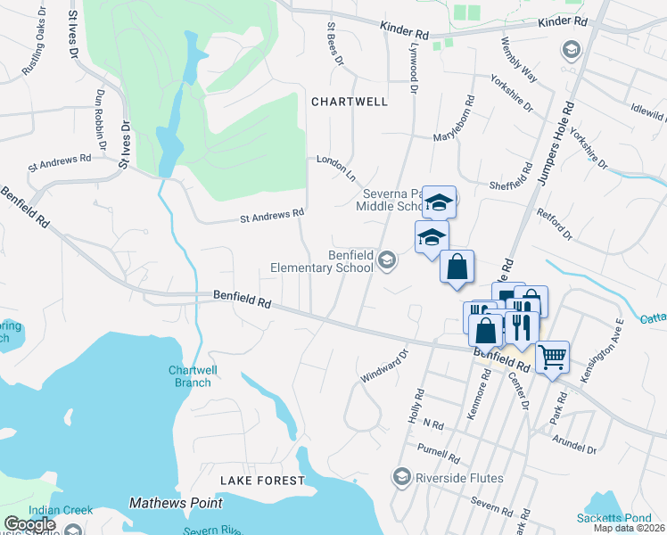 map of restaurants, bars, coffee shops, grocery stores, and more near 432 Lakeland Road North in Severna Park