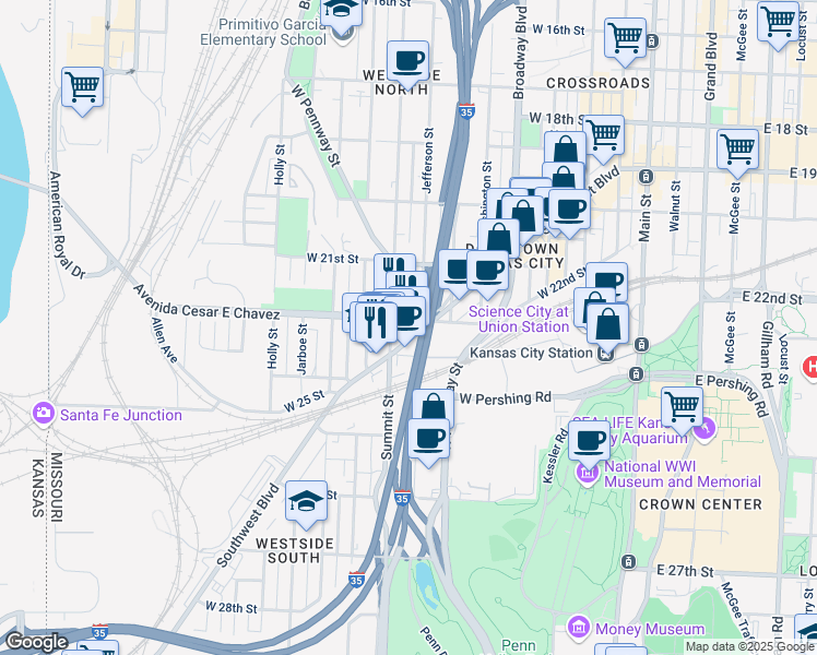 map of restaurants, bars, coffee shops, grocery stores, and more near 700 Southwest Boulevard in Kansas City