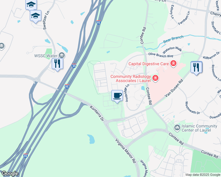 map of restaurants, bars, coffee shops, grocery stores, and more near 14407 Sandy Ridge Lane in Laurel