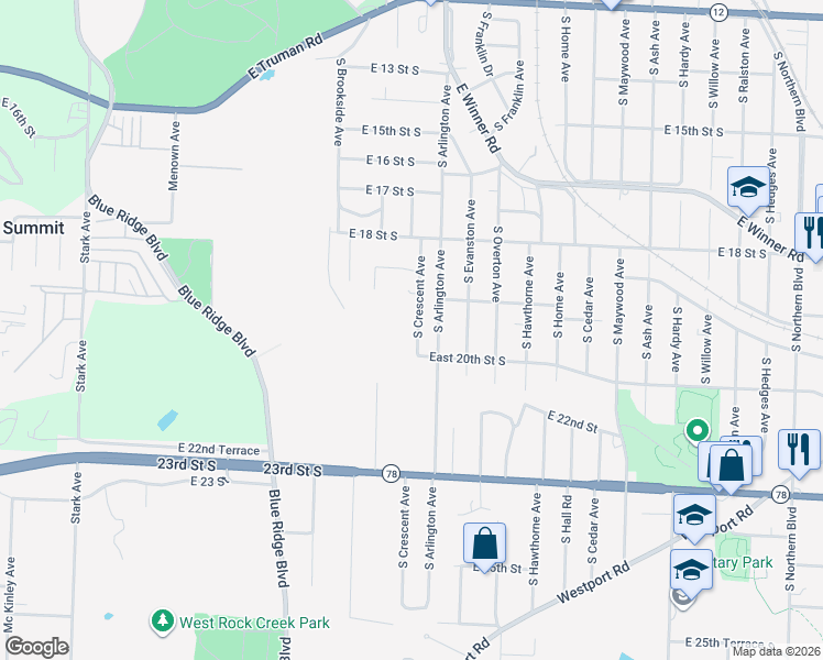 map of restaurants, bars, coffee shops, grocery stores, and more near 1928 South Crescent Avenue in Independence