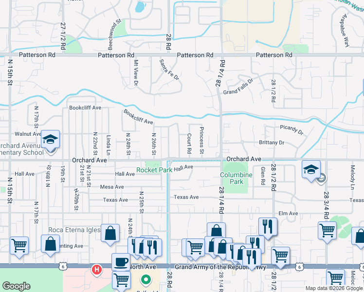 map of restaurants, bars, coffee shops, grocery stores, and more near 560 Cindy Ann Road in Grand Junction