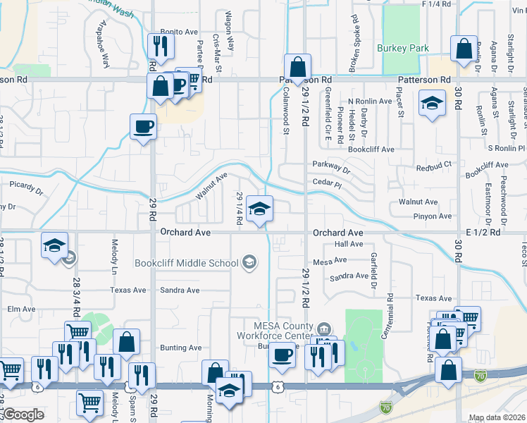 map of restaurants, bars, coffee shops, grocery stores, and more near 558 Garfield Drive in Grand Junction