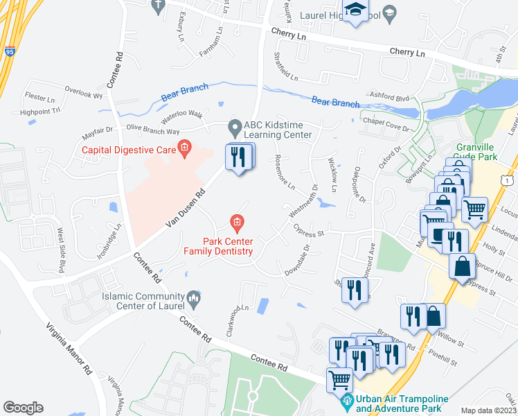 map of restaurants, bars, coffee shops, grocery stores, and more near 14251 Park Center Dr in Laurel