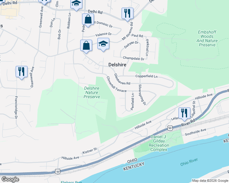 map of restaurants, bars, coffee shops, grocery stores, and more near 4341 Cloverhill Terrace in Cincinnati