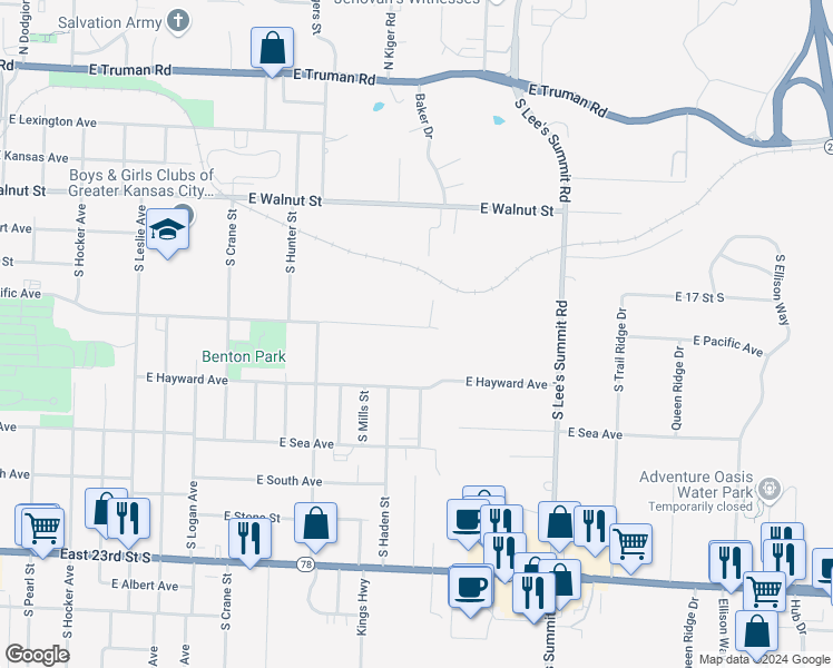 map of restaurants, bars, coffee shops, grocery stores, and more near 1405 East Pacific Avenue in Independence