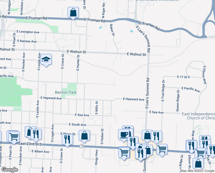 map of restaurants, bars, coffee shops, grocery stores, and more near 1401 East Pacific Avenue in Independence