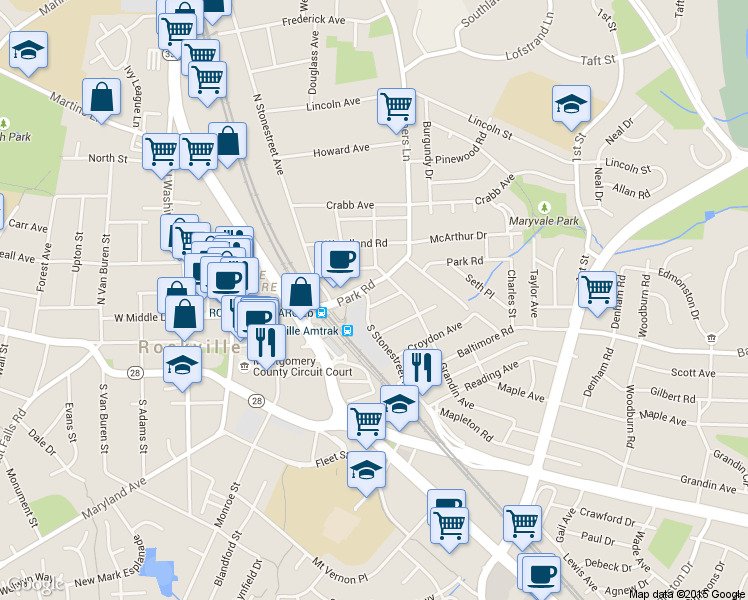 map of restaurants, bars, coffee shops, grocery stores, and more near 304 South Stonestreet Avenue in Rockville