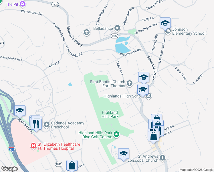 map of restaurants, bars, coffee shops, grocery stores, and more near 125 Ohio Avenue in Fort Thomas