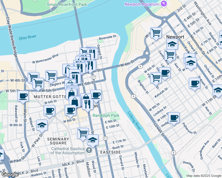 map of restaurants, bars, coffee shops, grocery stores, and more near 530 Garrard Street in Covington