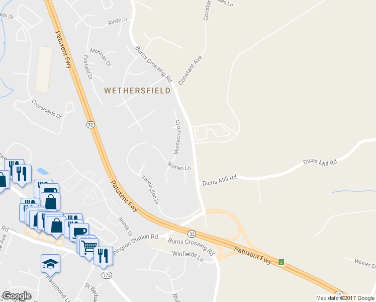 map of restaurants, bars, coffee shops, grocery stores, and more near 388 Burns Crossing Road in Severn