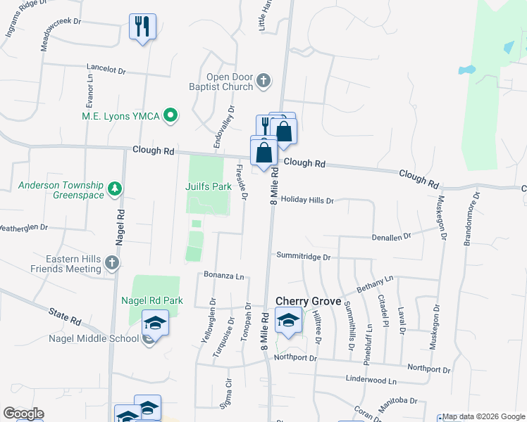 map of restaurants, bars, coffee shops, grocery stores, and more near 1877 8 Mile Road in Cincinnati
