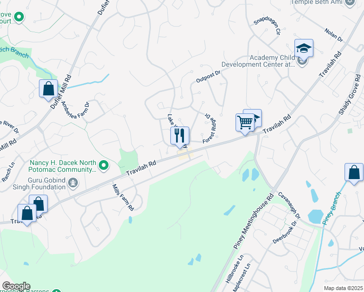 map of restaurants, bars, coffee shops, grocery stores, and more near 14100 Stonecutter Drive in North Potomac