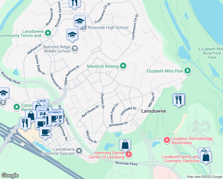 map of restaurants, bars, coffee shops, grocery stores, and more near 19218 Coton Hall Street in Leesburg