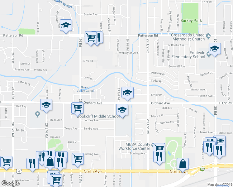 map of restaurants, bars, coffee shops, grocery stores, and more near 557 29 1/4 Road in Grand Junction