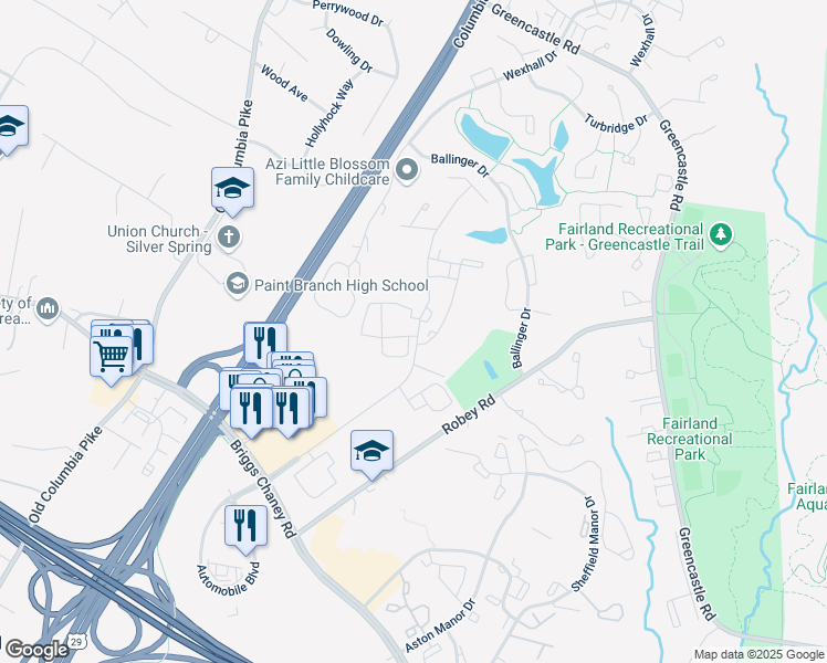 map of restaurants, bars, coffee shops, grocery stores, and more near 14036 Castle Ridge Way in Silver Spring