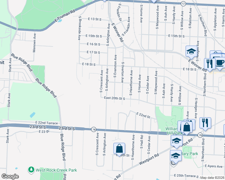 map of restaurants, bars, coffee shops, grocery stores, and more near 1914 South Evanston Avenue in Independence