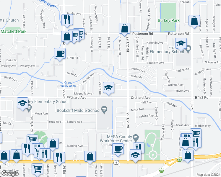 map of restaurants, bars, coffee shops, grocery stores, and more near 558 Garfield Drive in Grand Junction