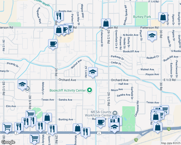 map of restaurants, bars, coffee shops, grocery stores, and more near 558 Garfield Drive in Grand Junction