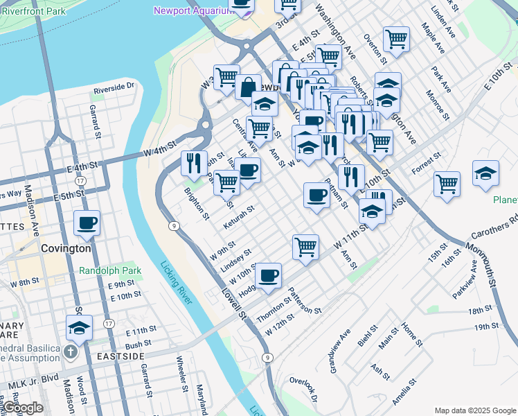 map of restaurants, bars, coffee shops, grocery stores, and more near 834 Isabella Street in Newport