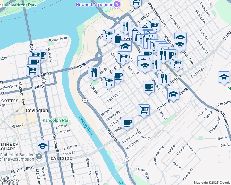 map of restaurants, bars, coffee shops, grocery stores, and more near 835 Patterson Street in Newport