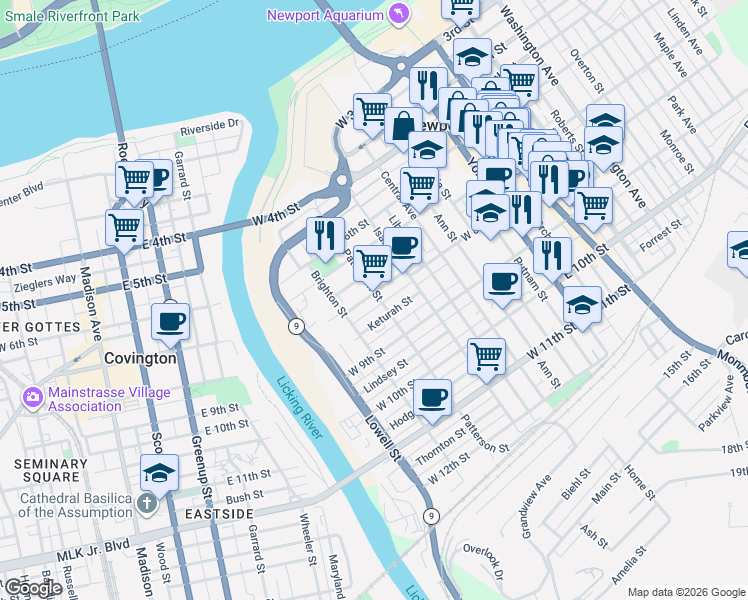 map of restaurants, bars, coffee shops, grocery stores, and more near 835 Patterson Street in Newport
