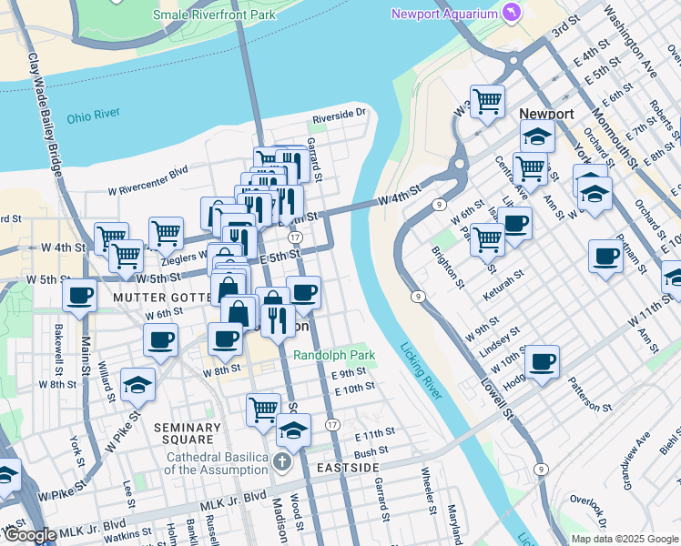 map of restaurants, bars, coffee shops, grocery stores, and more near 530 Garrard Street in Covington