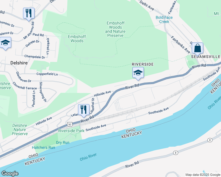 map of restaurants, bars, coffee shops, grocery stores, and more near 3340 Hillside Avenue in Cincinnati