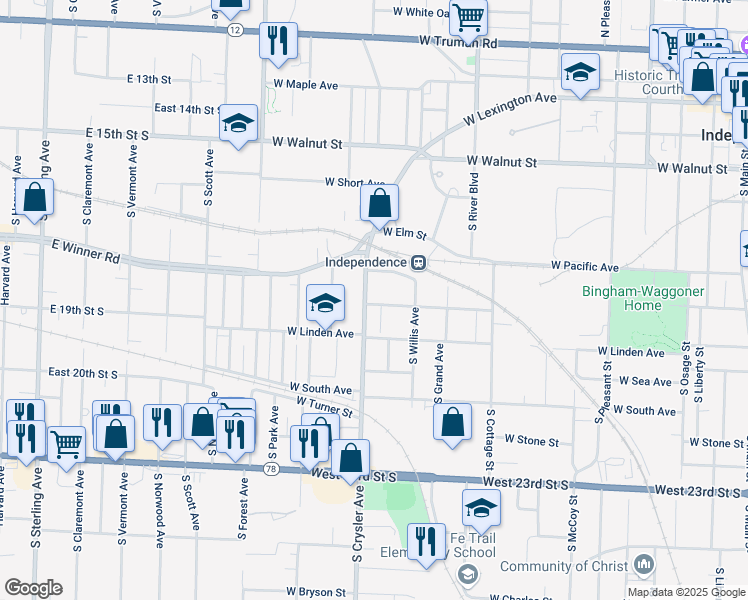 map of restaurants, bars, coffee shops, grocery stores, and more near 1222 West Hayward Avenue in Independence