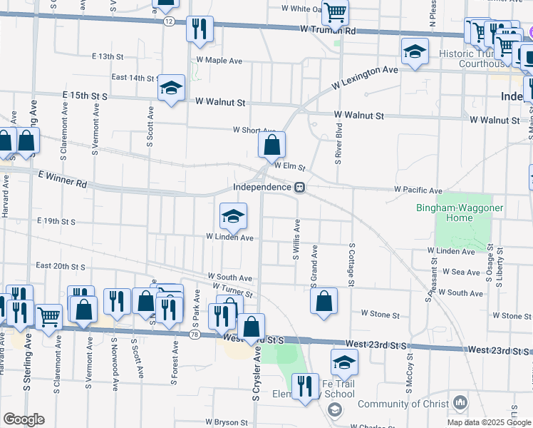 map of restaurants, bars, coffee shops, grocery stores, and more near 700 South Crysler Avenue in Independence