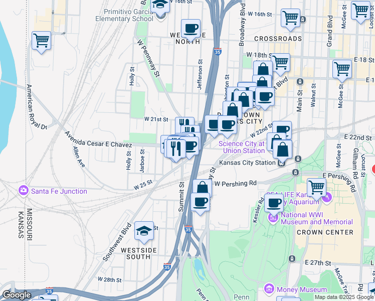 map of restaurants, bars, coffee shops, grocery stores, and more near 700 Southwest Boulevard in Kansas City