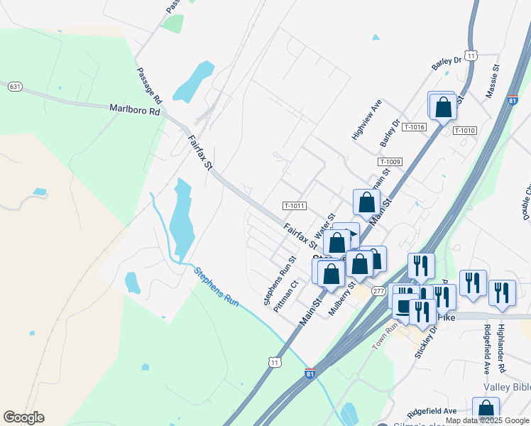 map of restaurants, bars, coffee shops, grocery stores, and more near 1175 Fairfax Street in Stephens City