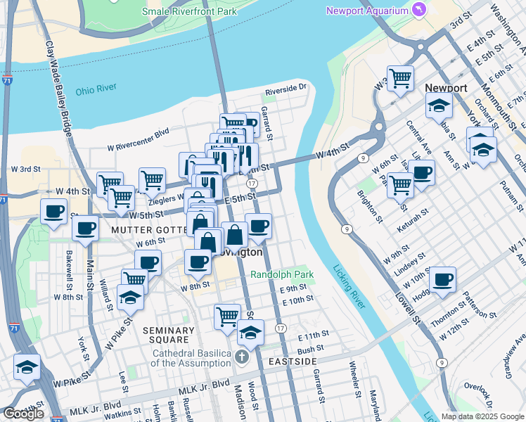 map of restaurants, bars, coffee shops, grocery stores, and more near 526 Greenup Street in Covington