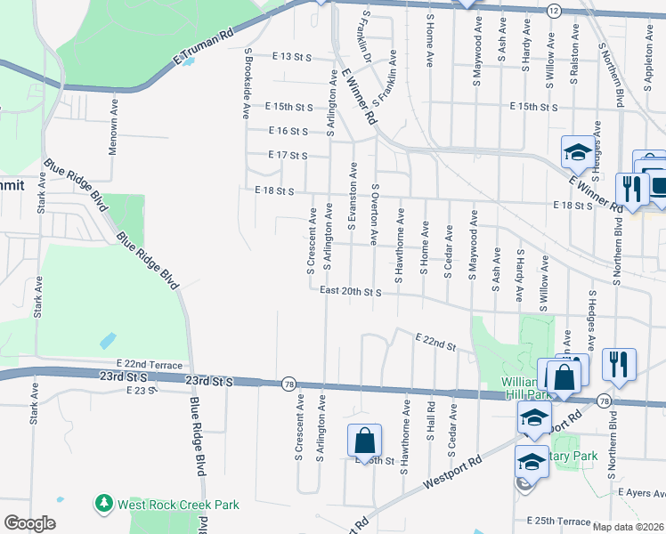 map of restaurants, bars, coffee shops, grocery stores, and more near 1914 South Evanston Avenue in Independence