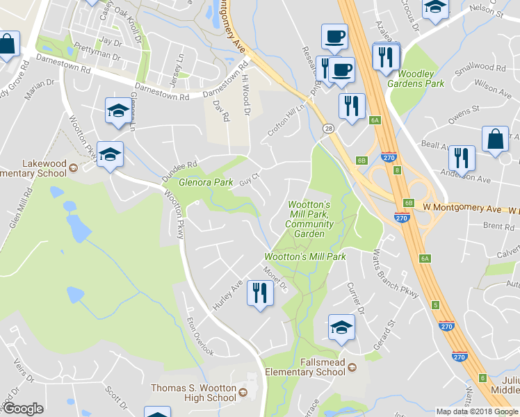 map of restaurants, bars, coffee shops, grocery stores, and more near 17 Great Pines Court in Rockville
