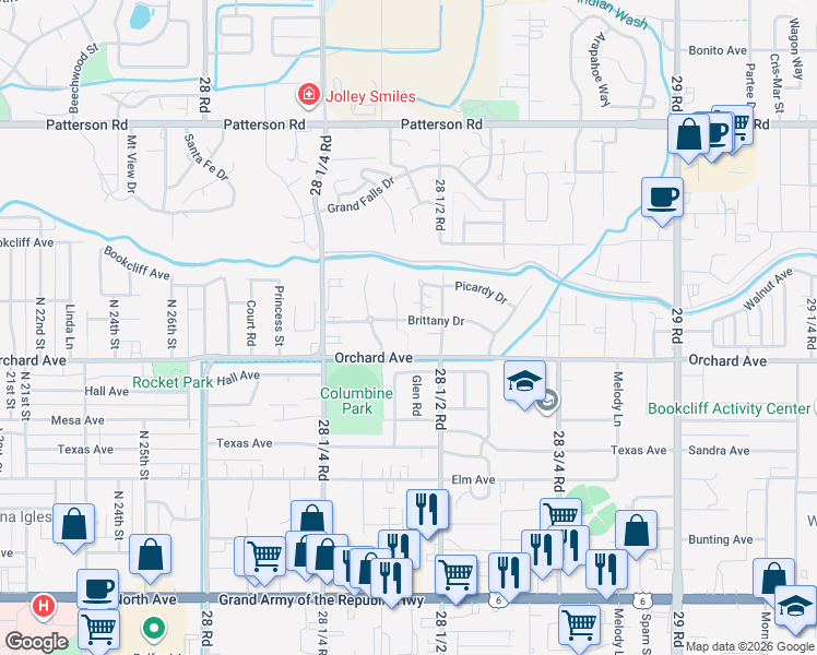 map of restaurants, bars, coffee shops, grocery stores, and more near 2847 Brittany Drive in Grand Junction