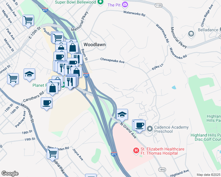 map of restaurants, bars, coffee shops, grocery stores, and more near 3002 Nob Hill Drive in Fort Thomas